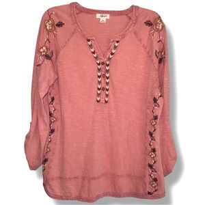 Style & Co Size Medium Classic Cotton Embroidered Peach Henley Roll Tab Sleeves